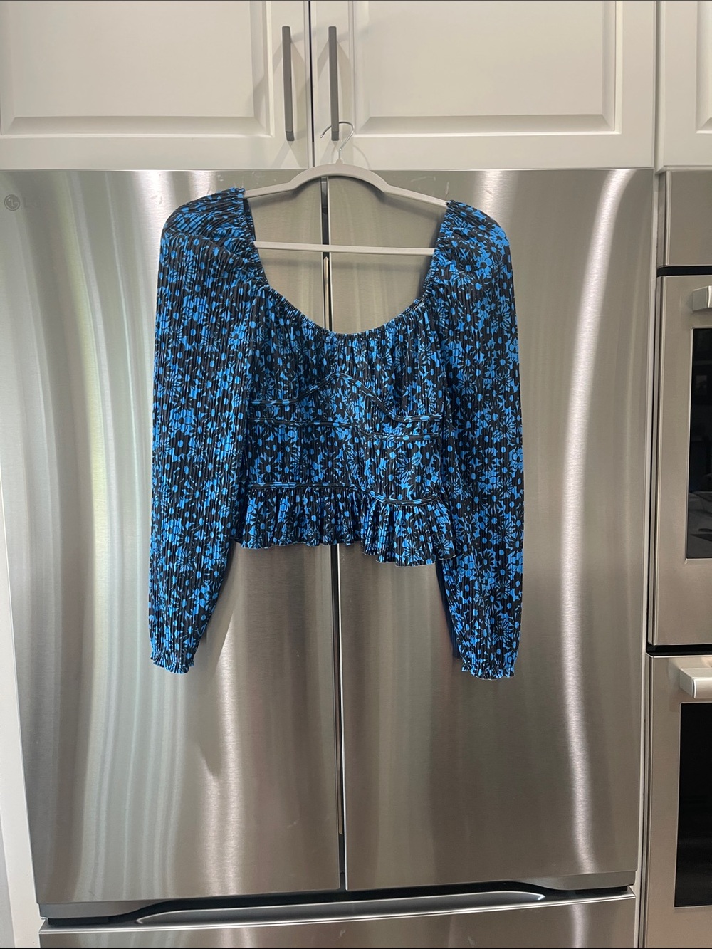 Zara Blue Floral Smocked Ruffle Crop Blouse